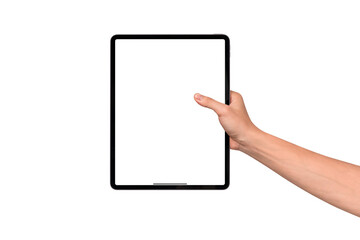 Hand holding modern tablet mockup with blank screen isolated on transparent background. Tablet PC with empty display for copy space.