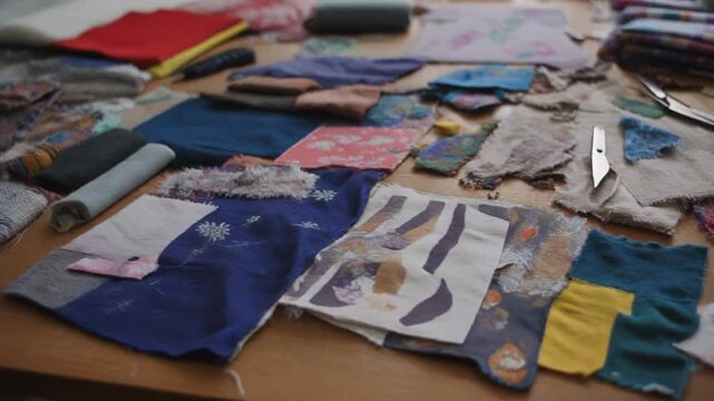 A close-up of a wooden table covered in fabric scraps, scissors, and a blade