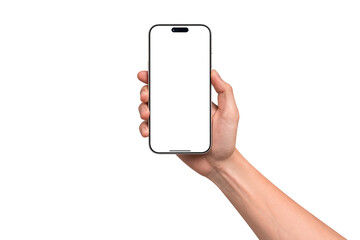 Hand holding smartphone mockup with blank screen isolated on transparent background. Mobile phone with empty display for copy space.
