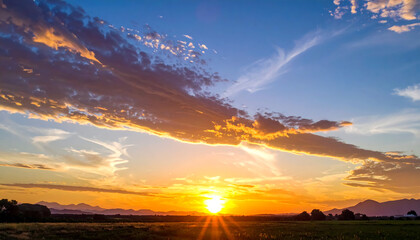 Sunset over a field; wispy clouds in the sky, glowing light