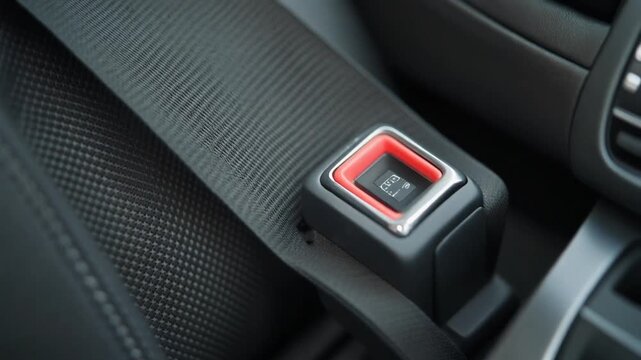 Close-up of a car seat's seatbelt buckle. The buckle is black with a red border and display