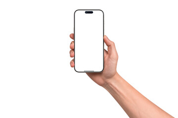 Hand holding smartphone mockup with blank screen isolated on transparent background. Mobile phone with empty display for copy space.