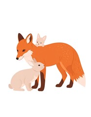 Obraz premium Illustration of a fox with two rabbits one sitting and one on its back. The background is white