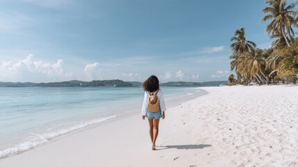 Obraz premium Back view of unrecognizable woman walking on tropic