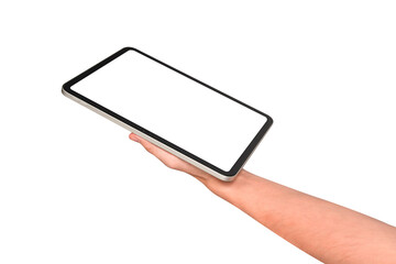 Hand holding modern tablet mockup with blank screen isolated on transparent background. Tablet PC with empty display for copy space.