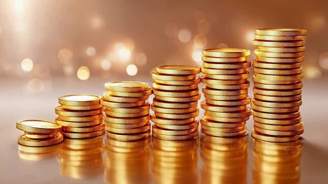 Stacks of golden coins arranged in ascending order
