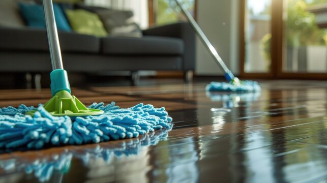 Two blue mops on a reflective wooden floor in a sunlit home, cleaning in progress