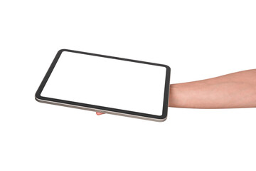 Hand holding modern tablet mockup with blank screen isolated on transparent background. Tablet PC with empty display for copy space.