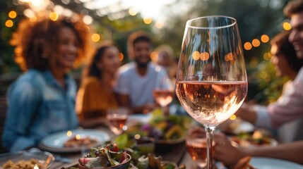 Close-up of ros&eacute; wine glass at an outdoor evening party with blurred happy people and food