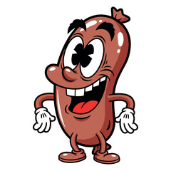 Obraz premium Sausage character with big smile and cartoon eyes, retro style, funny food mascot