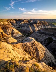 Striated badlands landscape, golden hour lighting, layered rock formations, and blue sky