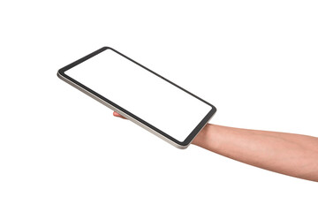Hand holding modern tablet mockup with blank screen isolated on transparent background. Tablet PC with empty display for copy space.