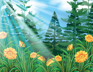 Sunlight Forest Landscape with Pine Trees and Yellow Flowers &ndash; Nature Illustration Background