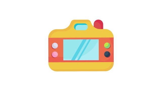 A camera featuring colorful buttons set against a clean white background.