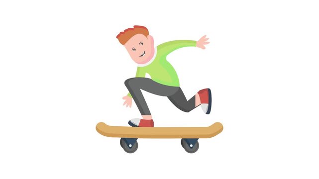 A cartoon boy joyfully riding a skateboard, showcasing his skills with a big smile and a colorful outfit.