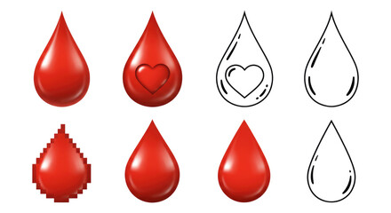 Obraz premium Set of eight red droplet icons and line-art variations, including glossy, heart-shaped, pixelated and outline teardrop styles
