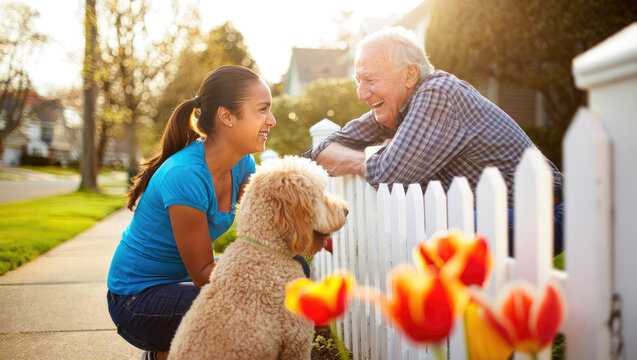 friendly neighbors chatting over a white picket fence with cheerful dog in suburban street during a sunny day, walking dogs at spring
