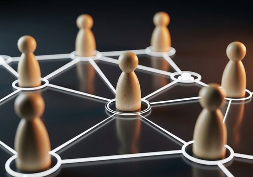 Wooden peg dolls connected by glowing network lines on dark background, business networking and teamwork concept.