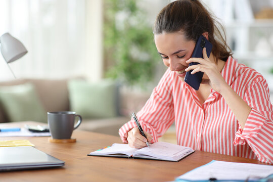 Happy self employed writing in agenda talking on phone