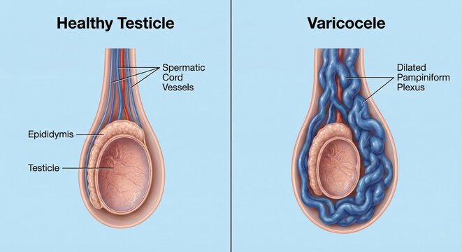 Varicocele medical comparison diptych shows healthy testicle with straight spermatic cord vessels versus dilated twisted pampiniform plexus veins and mild testicular atrophy