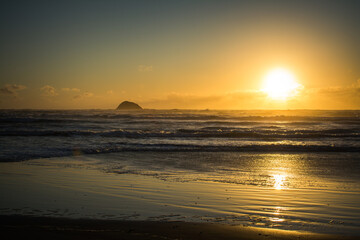 Golden hour descends over Muriwai Beach, casting warm light across gentle waves and reflective sands, while the iconic offshore rock rests silhouetted beneath a sky of drifting clouds and seabirds