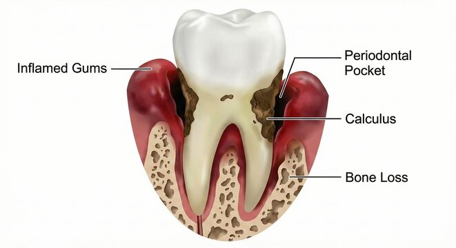 Dentistry medical 3D visualization features advanced gum disease with calculus deposits pocket formation and alveolar bone resorption, detailed periodontal pathology render