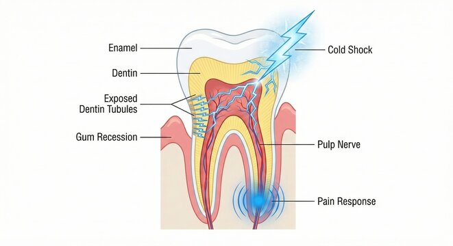 Dentistry tooth sensitivity cross section shows gum recession exposing dentin with cold stimulus signal traveling through tubules to pulp nerve, pain response visualization