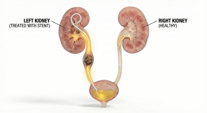 kidney bladder stones urinary system illustration shows left ureter stone bypassed by double J stent with urine flow and healthy right kidney comparison, urology education