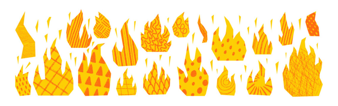 Grunge flame collection with doodle sketches. Fire geometric icons in chalk, pastel, and crayon texture. Perfect collage elements for punk graphics and rough textures. Vector illustration.