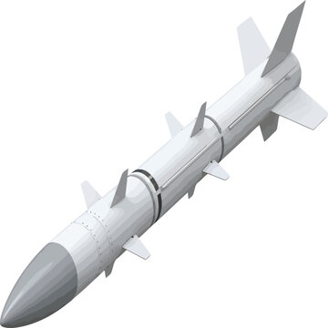 A detailed 3d rendering of a missile with fins and guidance systems for military and defense concepts, High-speed missile in mid-flight trajectory over a neutral background Vector