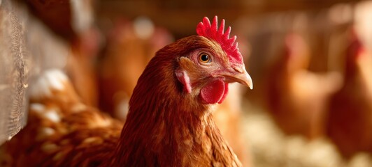 The hen in a rustic barn amid warm soft lighting and shallow depth of field