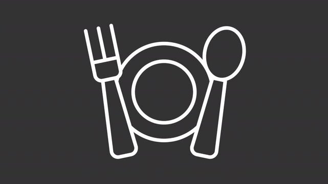 Table setting ui icon white line animation. Empty plate, fork and spoon. Minimalist tableware for food eating. Cutlery animated user interface element on dark background. Transparent HD video