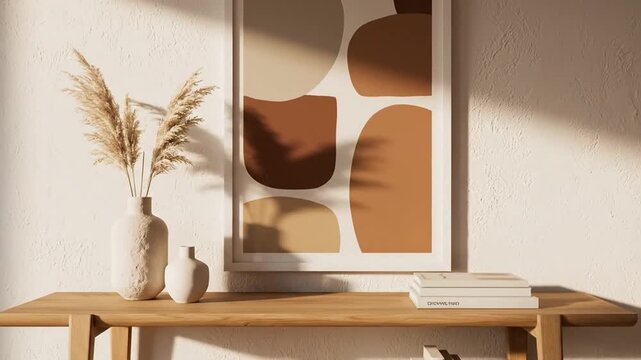 modern abstract art print on a wooden console table with decor