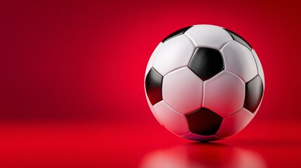 Fototapeta premium Classic black and white soccer ball resting on a smooth surface with a vibrant red background, showcasing its distinct pentagonal and hexagonal panels