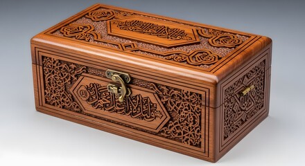 Ornate wooden treasure box with intricate carvings, ornate patterns, and antique bronze clasp, crafted in traditional Middle Eastern or Asian style, featuring floral motifs against a plain g