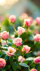 Soft focus close-up of miniature pink roses with bokeh in the background