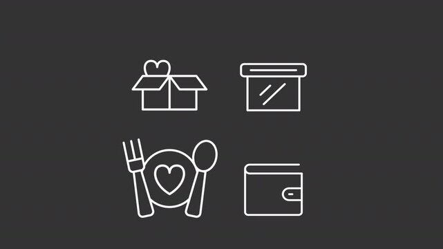 Donating food, money and items ui icons white line animation set. Expression of human kindness. Charity for people in need animated user interface elements isolated on dark background. HD video