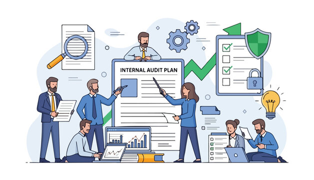 Business team collaborating on an internal audit plan, analyzing data and ensuring compliance.