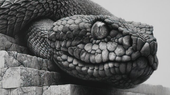 Close up of a snake head in grayscale on textured stone surface