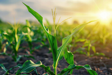 Naklejka premium green corn field or maize field at agriculture farm in the morning sunrise