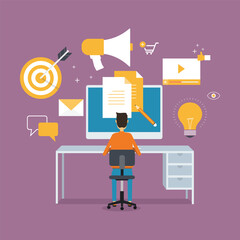 business digital marketing content creation design. and social media marketing management concept. with a business team working on a computer. online business. modern flat vector illusion design
