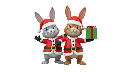 Two cartoon rabbits in Santa outfits with a gift box