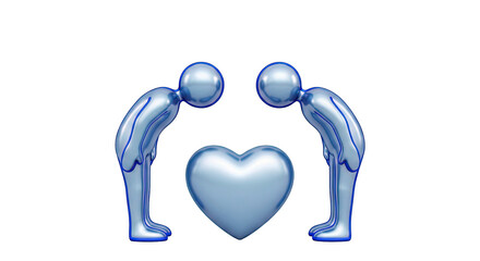 Two figures bowing towards a blue heart