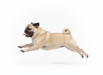 Obraz premium A pug dog running in mid-air, captured from the side, showcasing its playful demeanor and energetic movement in a dynamic sports scene