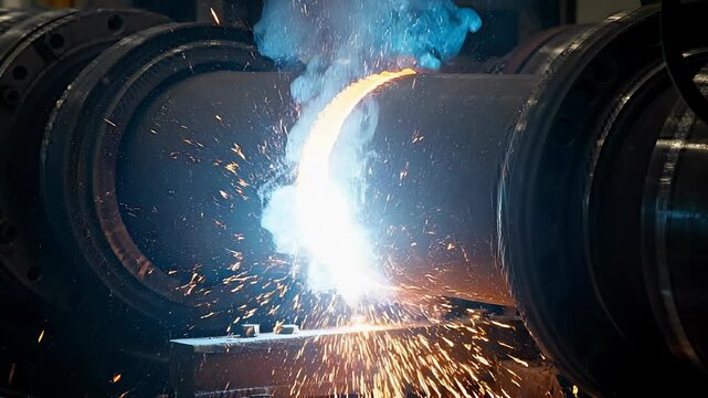 Welding arc moves along pipe as camera tracks horizontally in workshop setting