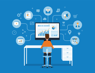 flat vector illustration design online business management concept with admin team working on report graphs dashboards monitor for analyzing business data and  managing digital marketing concept  
