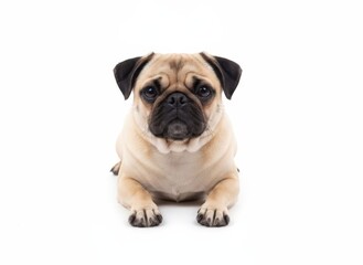Fototapeta premium A pug dog lying on the floor, looking directly at the camera with a calm expression, showcasing its adorable face and front paws.