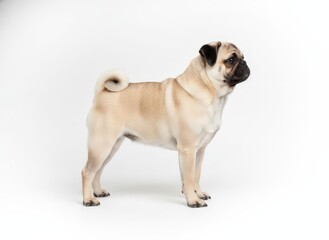 Obraz premium A standing pug viewed from the side on a white floor in a studio setting