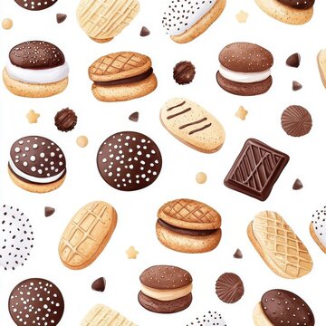 Watercolor seamless pattern of chocolate cookie sandwiches, isolated on a white background, featuring a creative and artistic design.