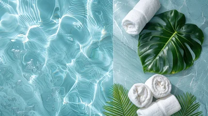Poster Toilet Sparkling blue water next to spa essentials white towels and green tropical leaves  © rifai_art